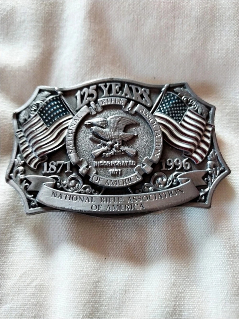 National Rifle Association NRA 125 Years Anniversary Belt Buckle Silver & Blue